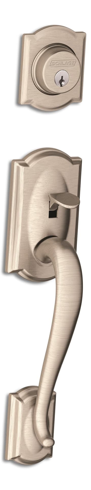 Schlage Camelot Handleset with Accent Interior Lever, Rated AAA Security, Satin Nickel
