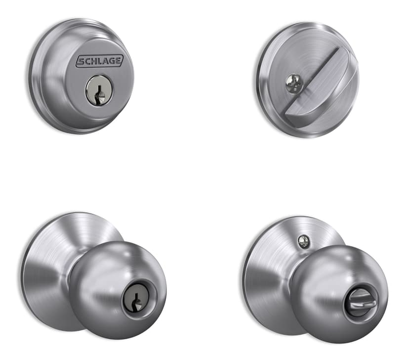 Schlage Deadbolt and Orbit Keyed Entry Door Knob Combo, Lifetime Warranty, Satin Chrome