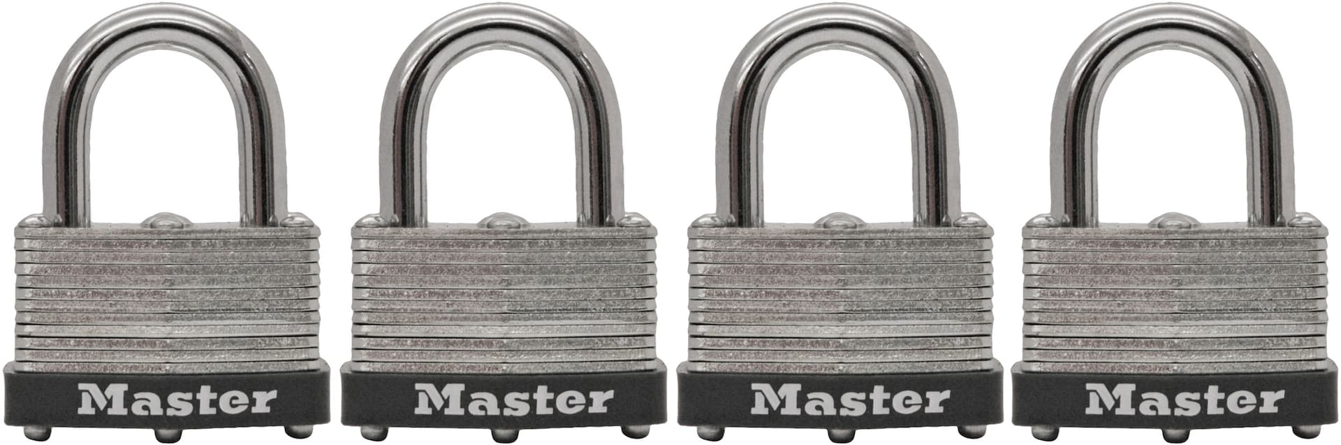 Master Lock 38 mm Wide Laminated Steel Keyed Warded Padlocks with 25 mm Shackles, Silver, 4-pk