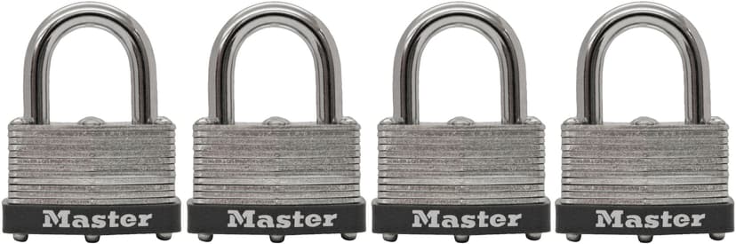 Master Lock 38 mm Wide Laminated Steel Keyed Warded Padlocks with 25 mm Shackles, Silver, 4-pk