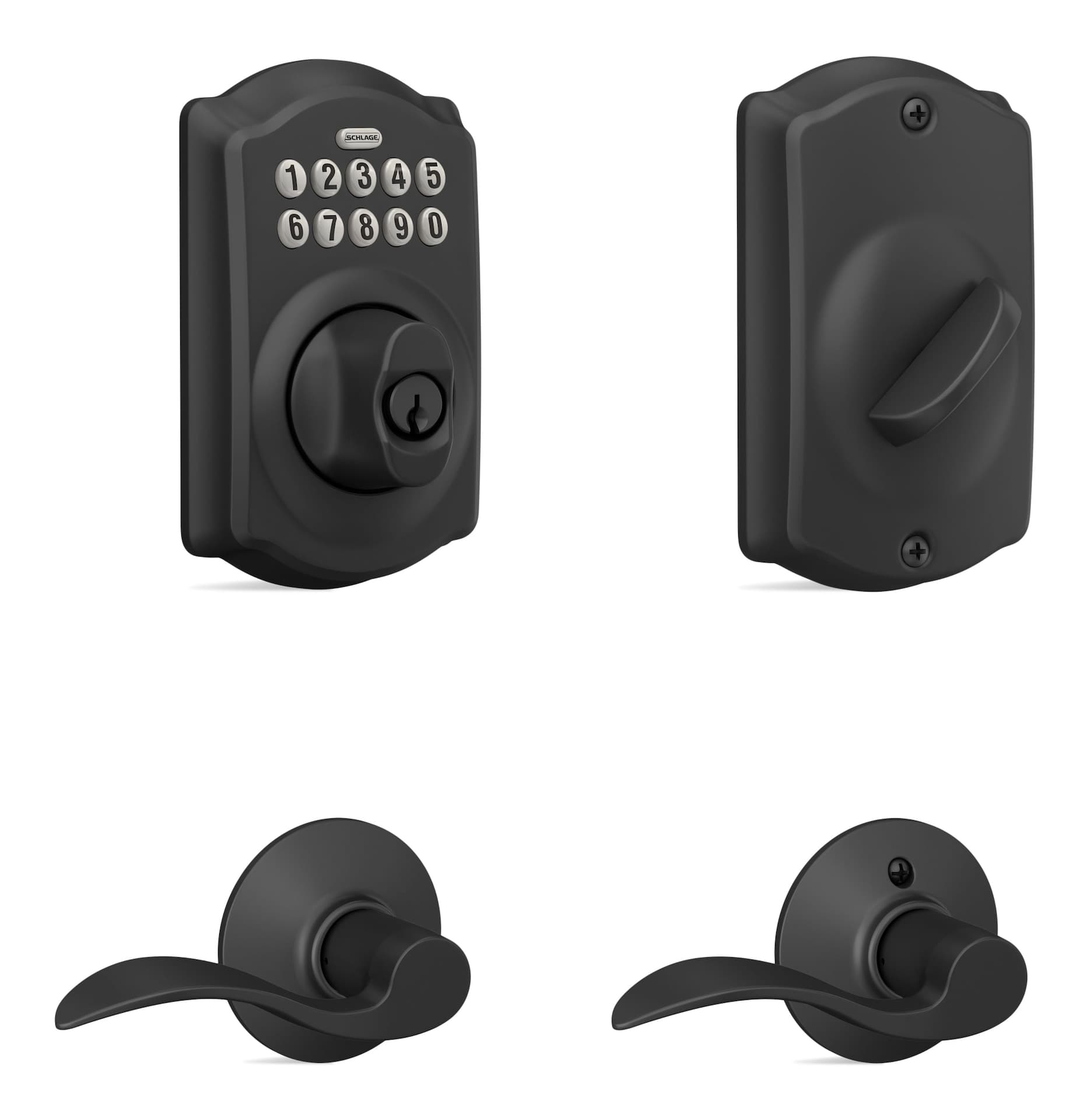Schlage Camelot Electronic Keypad Deadbolt with Accent Passage Door Lever Combo, Matte Black