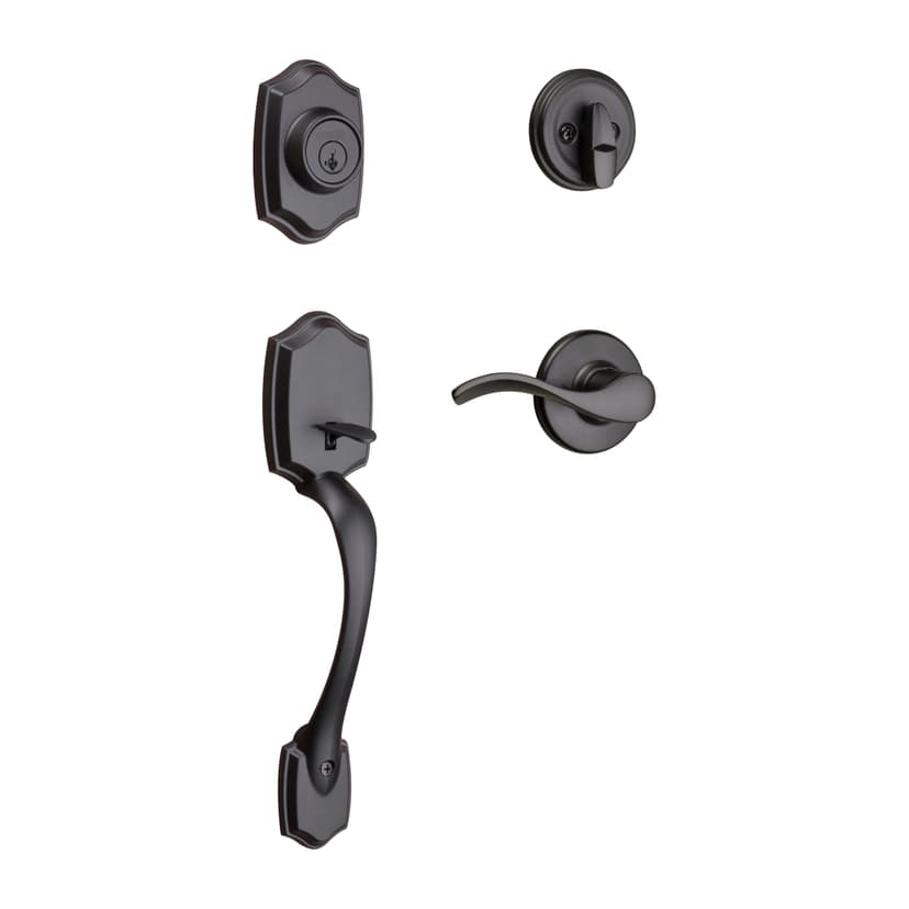 Weiser Front Door Lock and Handle Set, Brentwood Deadbolt Lock and Handleset with Reversible Belmont Interior Door Lever, Matte Black