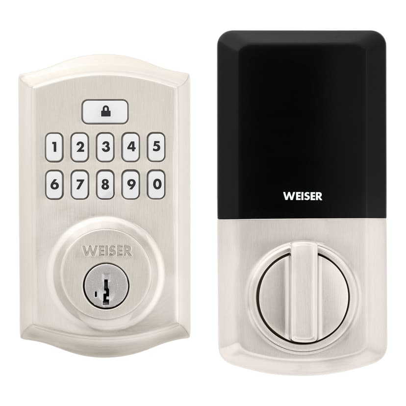 Weiser SmartCode 10 Traditional Keyless Entry Deadbolt Door Lock, 10-Button Backlit Keypad Door Lock with SmartKey, Satin Nickel