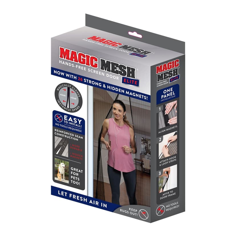 Magic Mesh Elite Hands-Free Magnetic Screen Door, One Panel Installation, Black