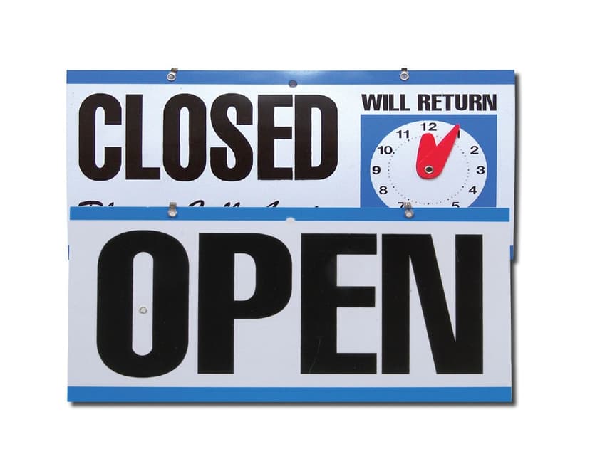 Hillman Self-Adhesive Open/Closed Clock Sign with "Will Return" Clock, 6 x 12-in, White/Blue/Black