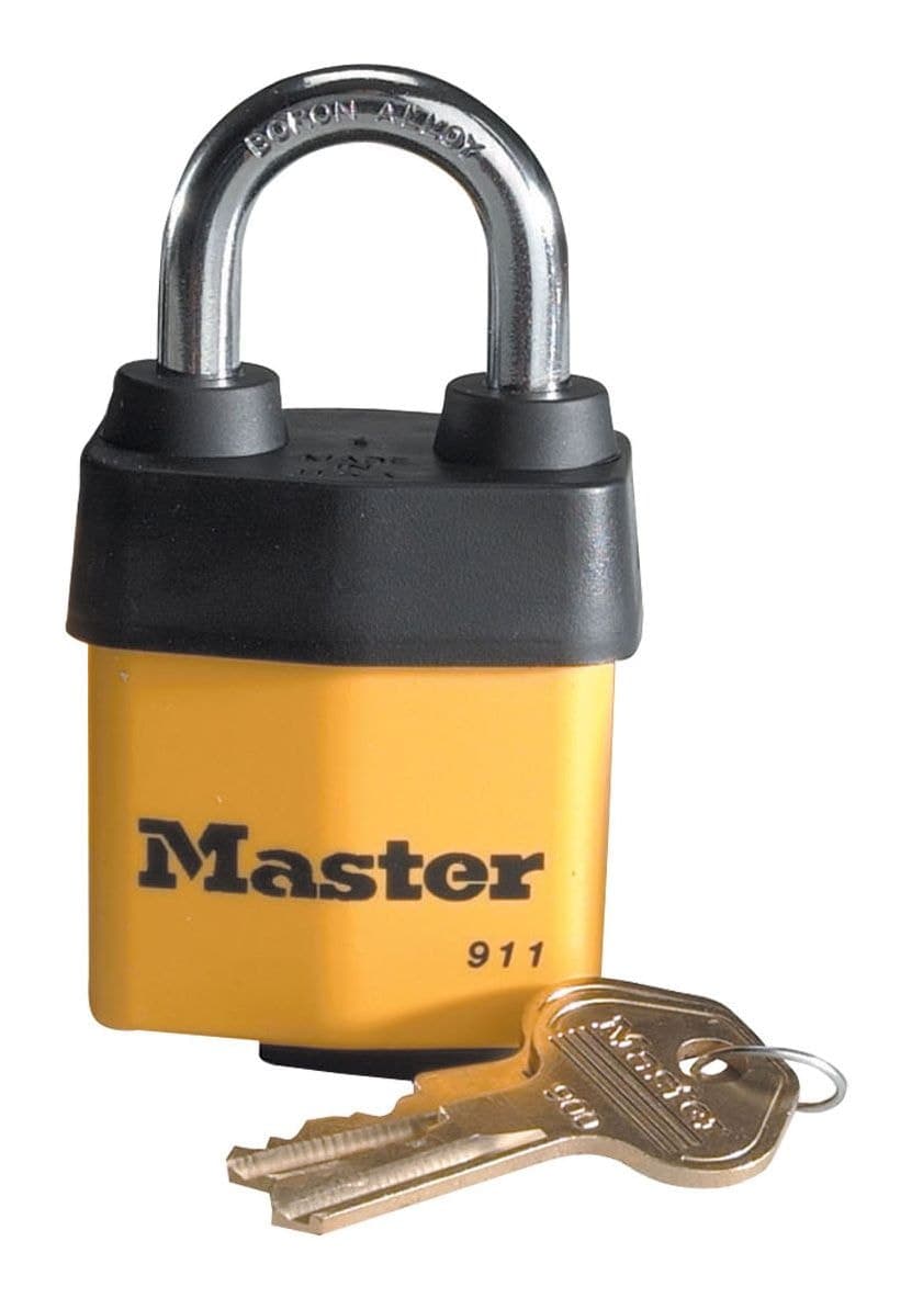 Master Lock 38 mm Wide Laminated Steel Keyed Padlock with 29 mm Shackles, Yellow/Black