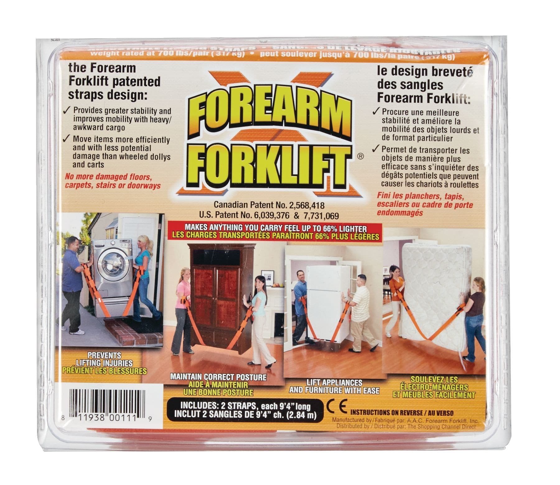 Forearm Forklift Adjustable Moving Straps, 790-lb Capacity, Orange, 9.4-ft x 3-in, 2-pc