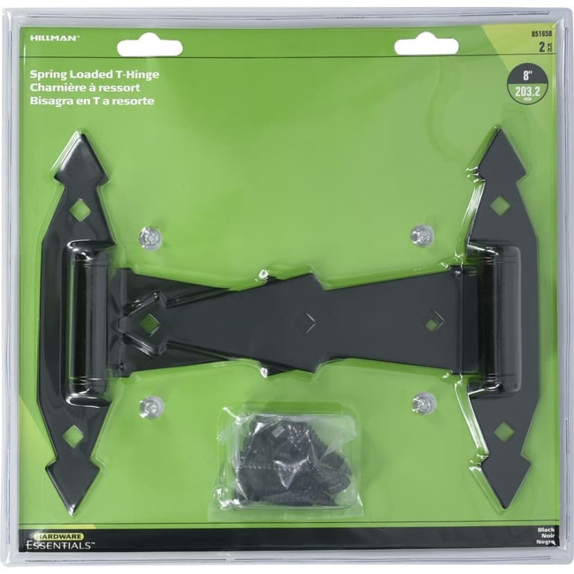 Hillman Ornamental Light Duty Sprint T-Hinge, For Narrow Mounting, Self-Closing Spring, Black, 8-in