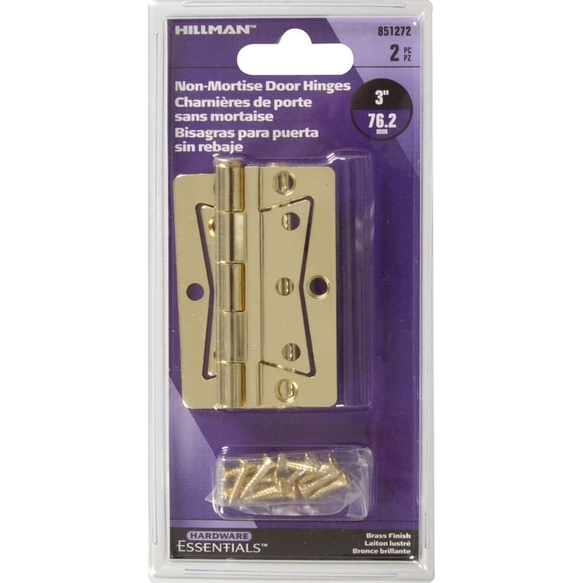 Hillman 851272 Non-Mortise Bi-Fold Door Hinge, Mounting Hardware Included, Brass-Plated, 3-in