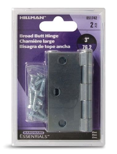 Hillman Broad Butt Hinge, For General Purpose, Removable Pins, Zinc-Plated, 3-in