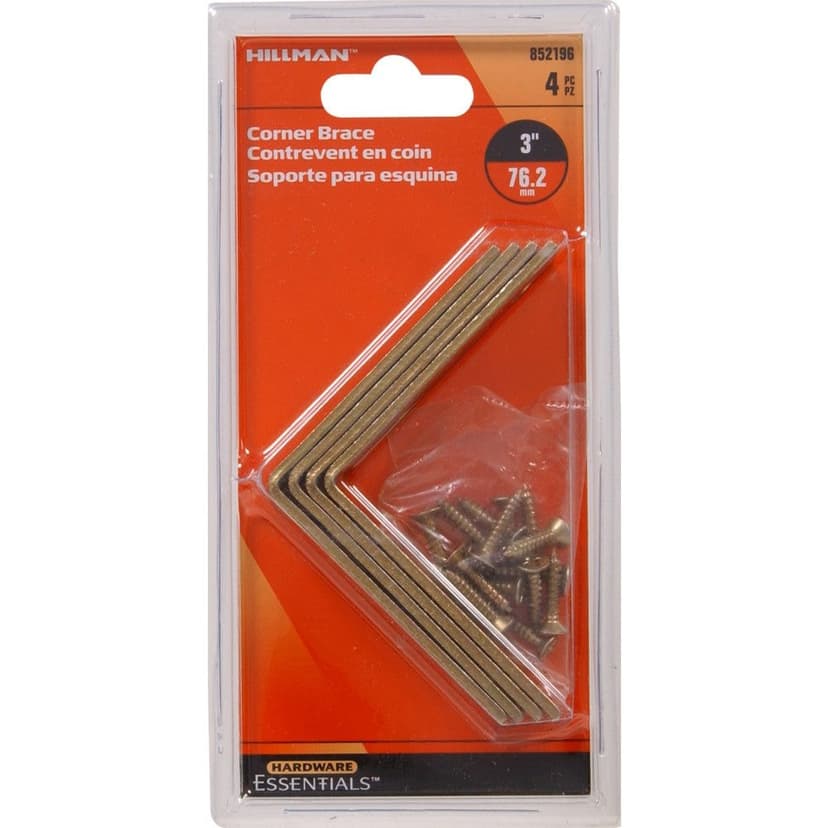 Hillman Corner Brace, Zinc & Yellow Dichromate, 3 x 3/4-in, 4-pk