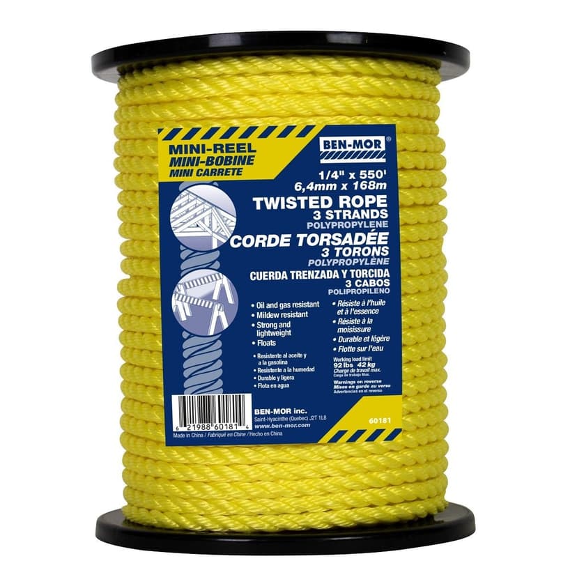 Ben-Mor Polypropylene Twisted Rope, 3 Strands, Yellow, 1/4-in x 550-ft