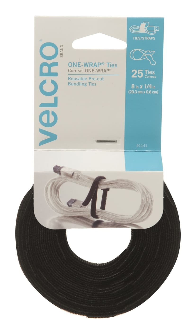 Velcro ONE-WRAP Adjustable Reusable Velcro Hook and Loop Ties, Black, 8 x 1/4-in, 25-pk
