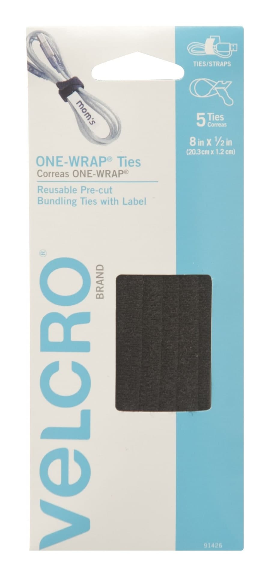 Velcro ONE-WRAP Adjustable Reusable Velcro Hook and Loop Ties with Tab, Black, 8 x 1/2-in, 5-pk