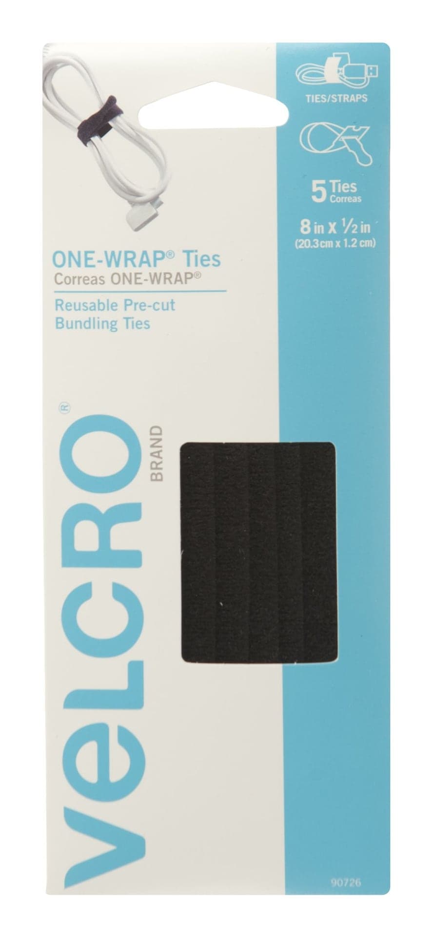Velcro ONE-WRAP Adjustable Reusable Velcro Hook and Loop Ties, Black, 8 x 1/2-in, 5-pk
