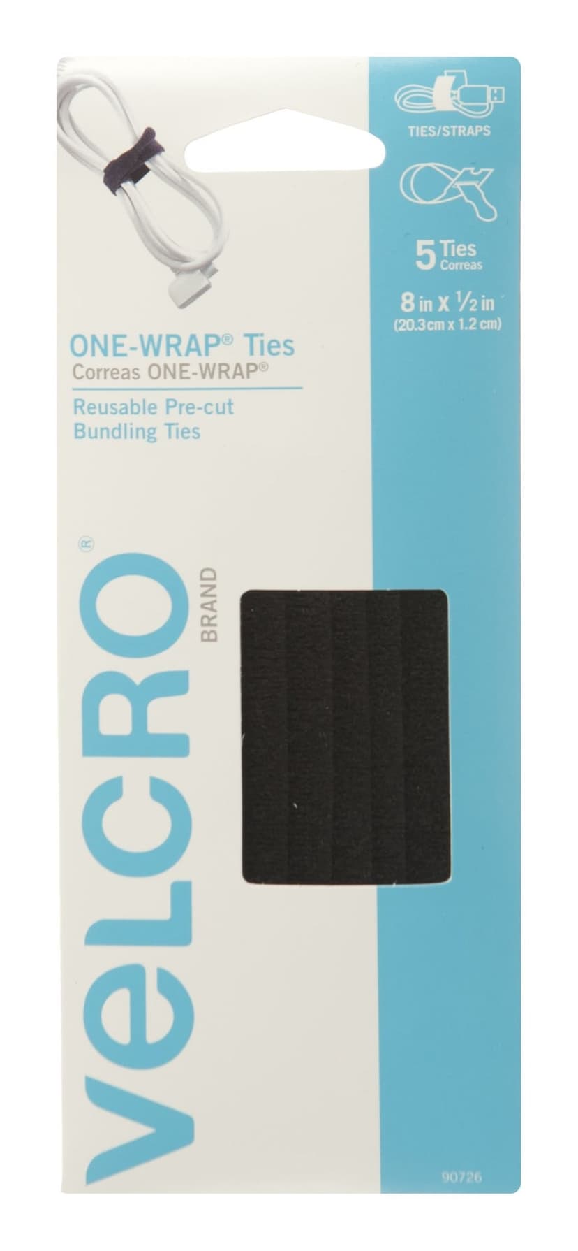 Velcro ONE-WRAP Adjustable Reusable Velcro Hook and Loop Ties, Black, 8 x 1/2-in, 5-pk