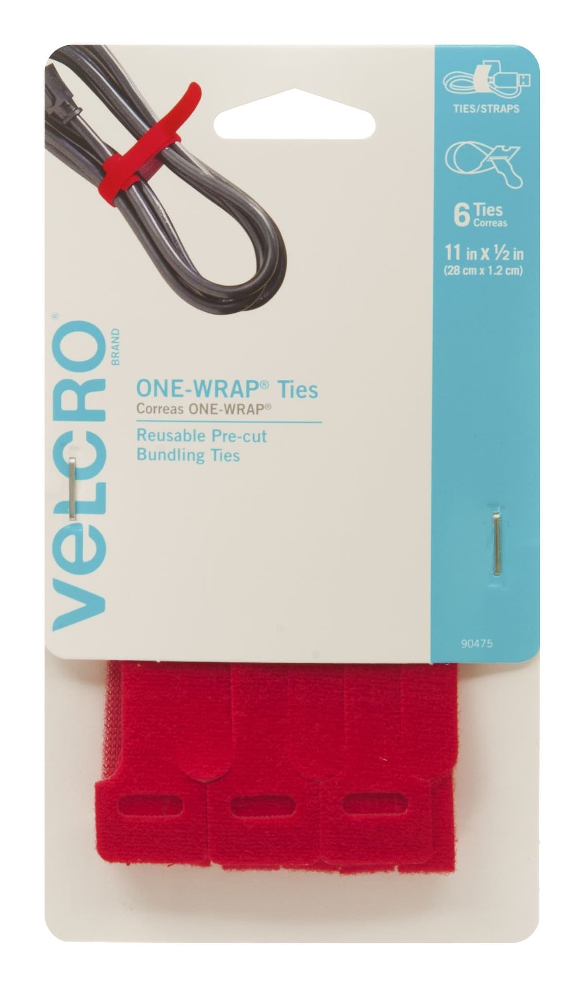 Velcro ONE-WRAP Adjustable Reusable Velcro Hook and Loop Ties, Red, 11 x 1/2-in, 6-pk