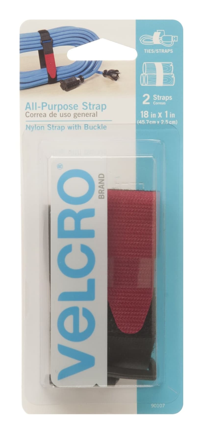 Velcro Adjustable Reusable All-Purpose Velcro Straps with Buckle, Black, 18 x 1-in, 2-pk