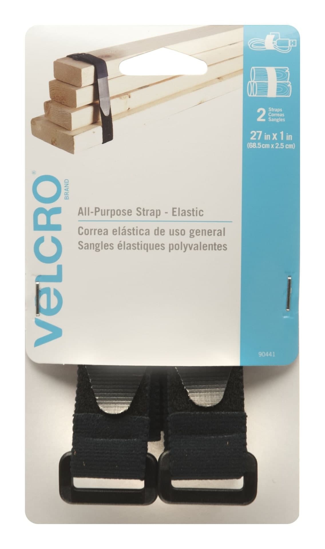 Velcro Adjustable Reusable All-Purpose Nylon Elastic Straps with Buckle, Black, 27 x 1-in, 2-pk