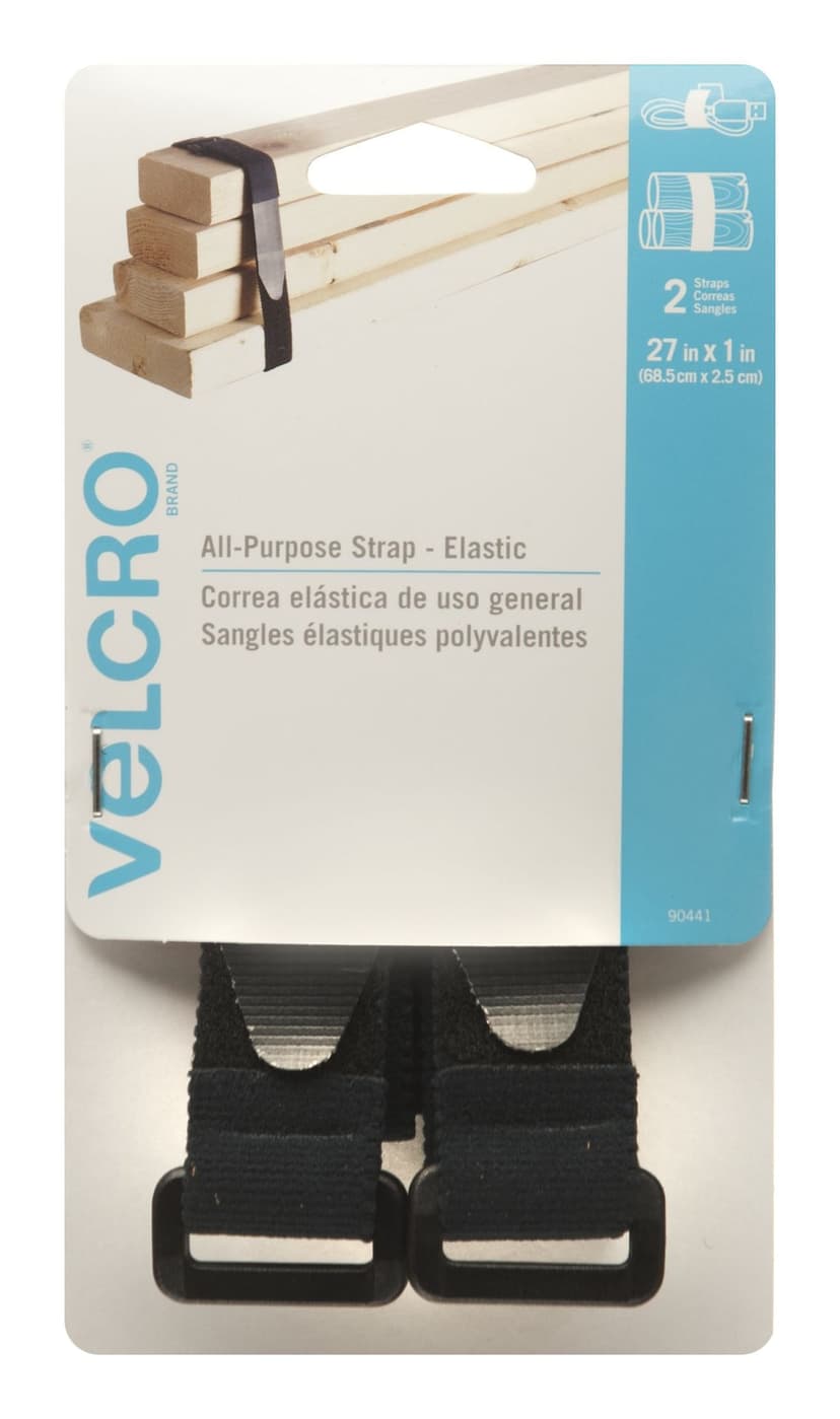 Velcro Adjustable Reusable All-Purpose Nylon Elastic Straps with Buckle, Black, 27 x 1-in, 2-pk