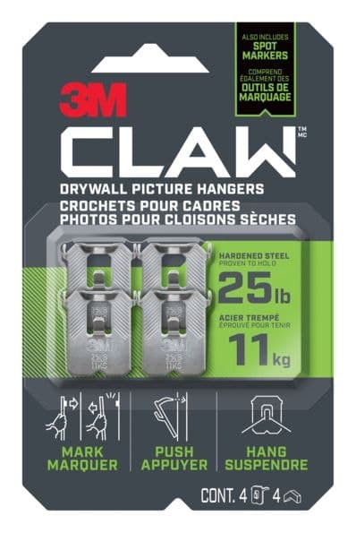 3M Claw DrywAll Picture Hanger, 25-lb Capacity, 4 Hangers per Pack