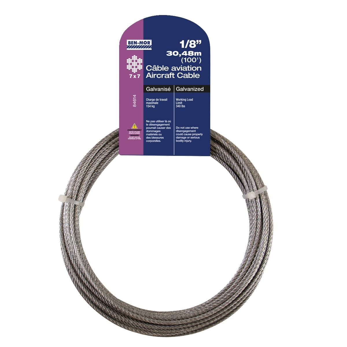 Ben-Mor Galvanized Steel Aircraft Cable, 7 x 7 Construction, 1/8-in x 100-ft
