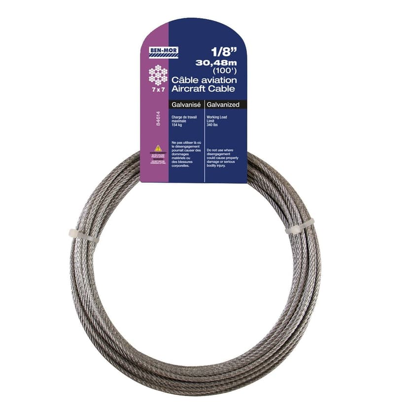 Ben-Mor Galvanized Steel Aircraft Cable, 7 x 7 Construction, 1/8-in x 100-ft