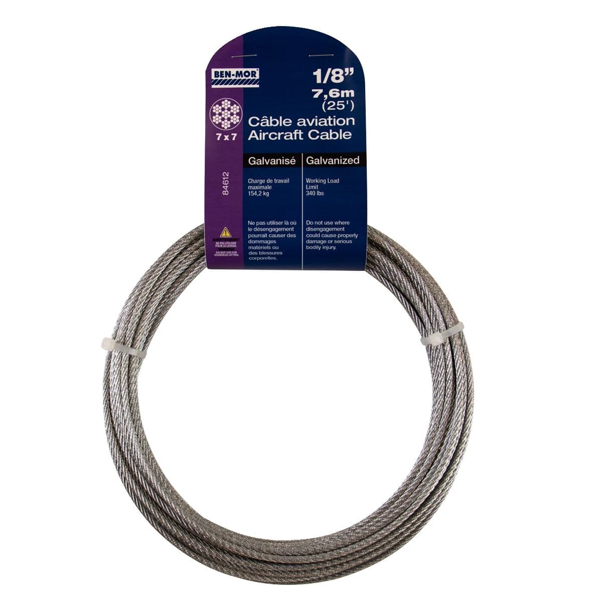 Ben-Mor Galvanized Steel Aircraft Cable, 7 x 7 Construction, 1/8-in x 25-ft