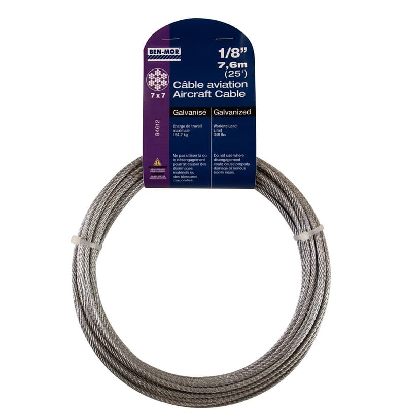 Ben-Mor Galvanized Steel Aircraft Cable, 7 x 7 Construction, 1/8-in x 25-ft