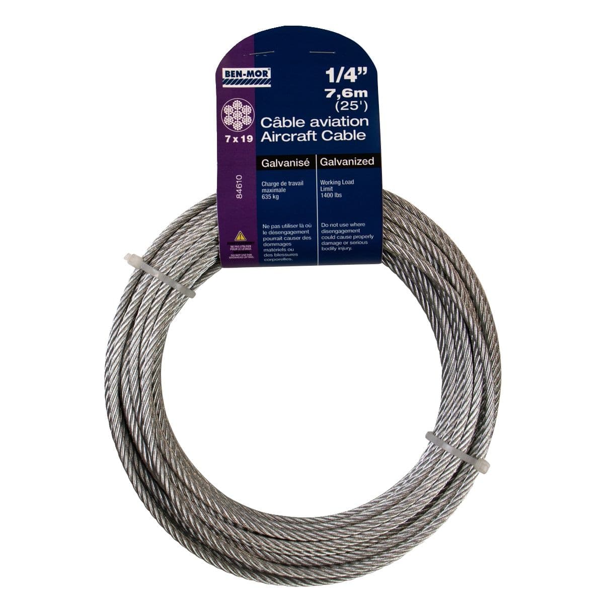 Ben-Mor Galvanized Steel Aircraft Cable, 7 x 19 Construction, 1/4-in x 25-ft