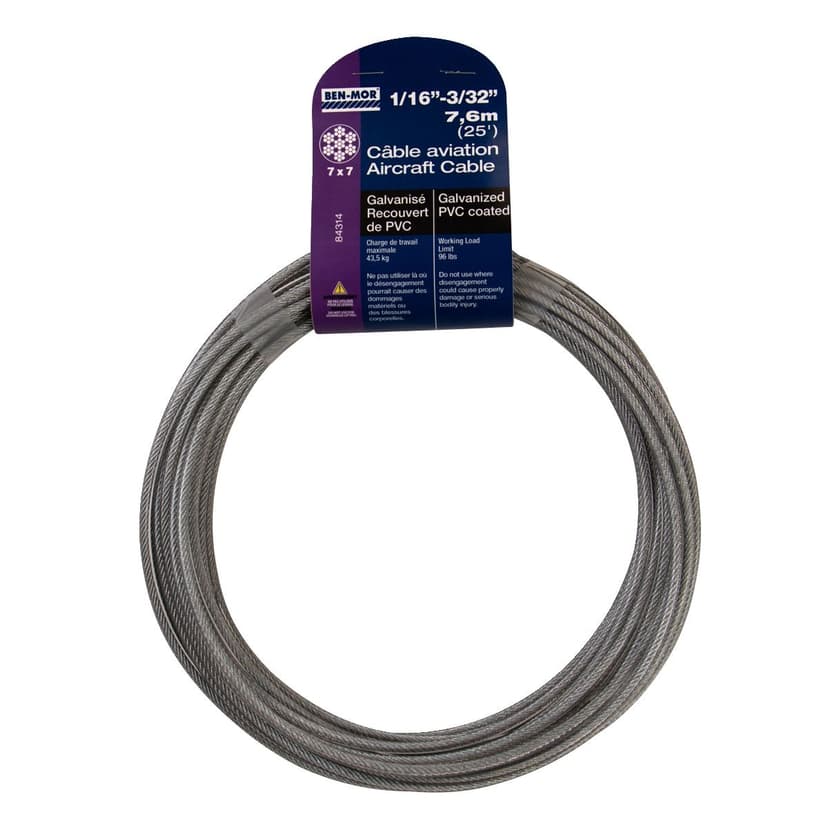 Ben-Mor PVC Coated Galvanized Steel Aircraft Cable, 7 x 7 Construction, 1/16-in to 3/32-in x 25-ft