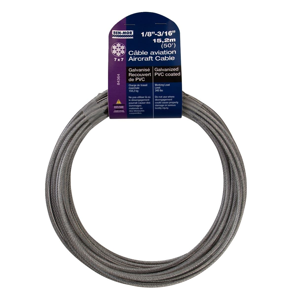 Ben-Mor PVC Coated Galvanized Steel Aircraft Cable, 7 x 7 Construction, 1/8-in to 3/16-in x 50-ft
