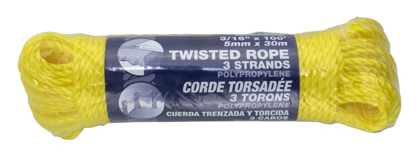 Ben-Mor Polypropylene Twisted Rope, Waterproof, Yellow, 3/16-in x 100-ft