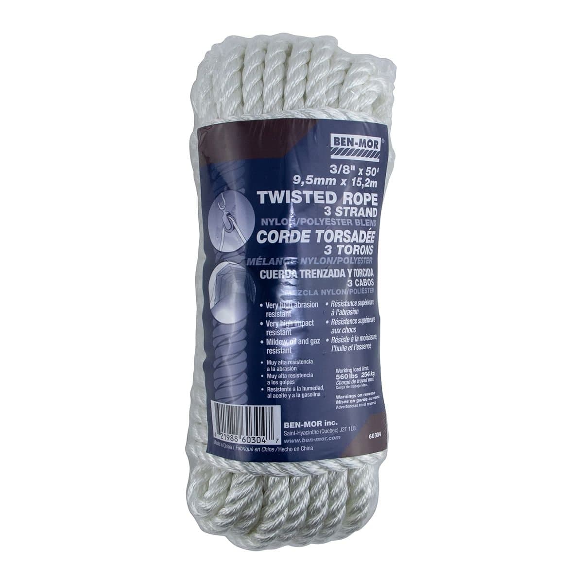 Ben-Mor Nylon Twisted Rope, Abrasion Resistance, Strong and Flexible, 3/8-in x 50-ft