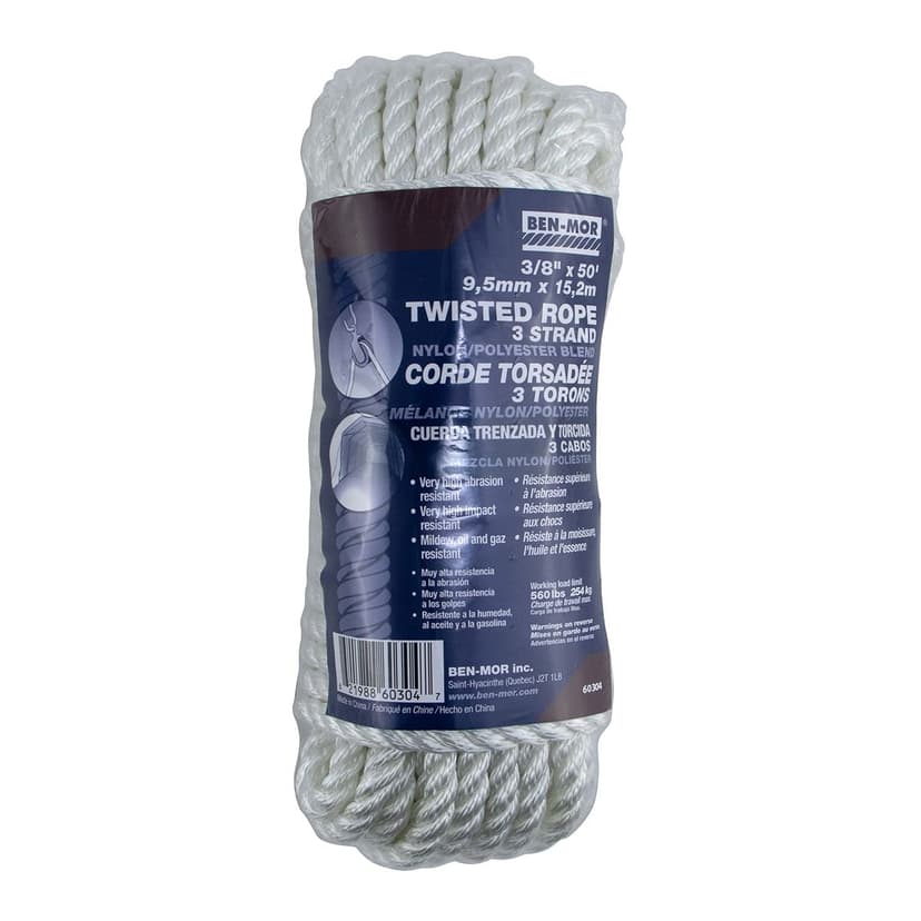 Ben-Mor Nylon Twisted Rope, Abrasion Resistance, Strong and Flexible, 3/8-in x 50-ft