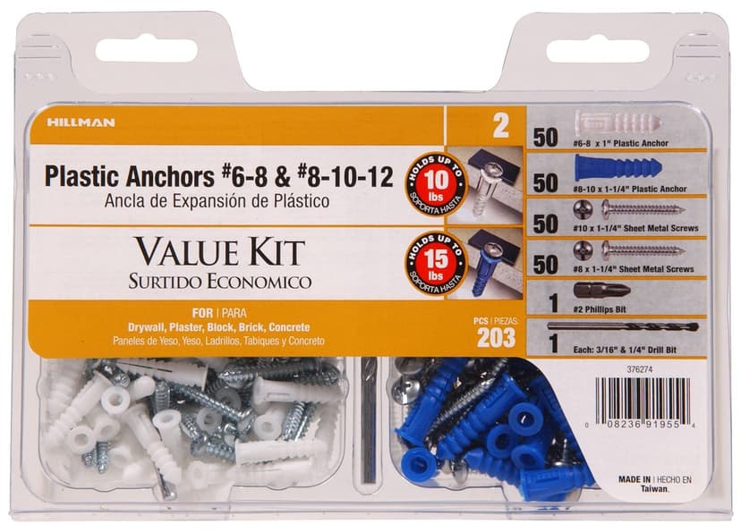 Hillman Plastic Ribbed Anchors #6-8 & #8-10 Value Kit, Corrosion Resistant, 201-pk