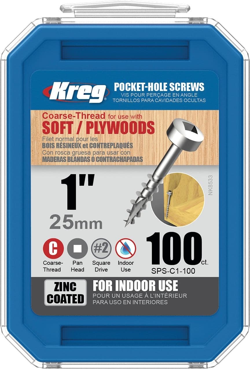 Kreg #7 Square-Drive Coarse Pan-Head Pocket-Hole Screw, 1-in, Zinc Coating, 100-pk
