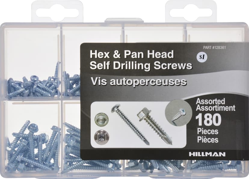 Hillman Tek Screw Kit, Self -Drilling Tops, Zinc, 180-pc
