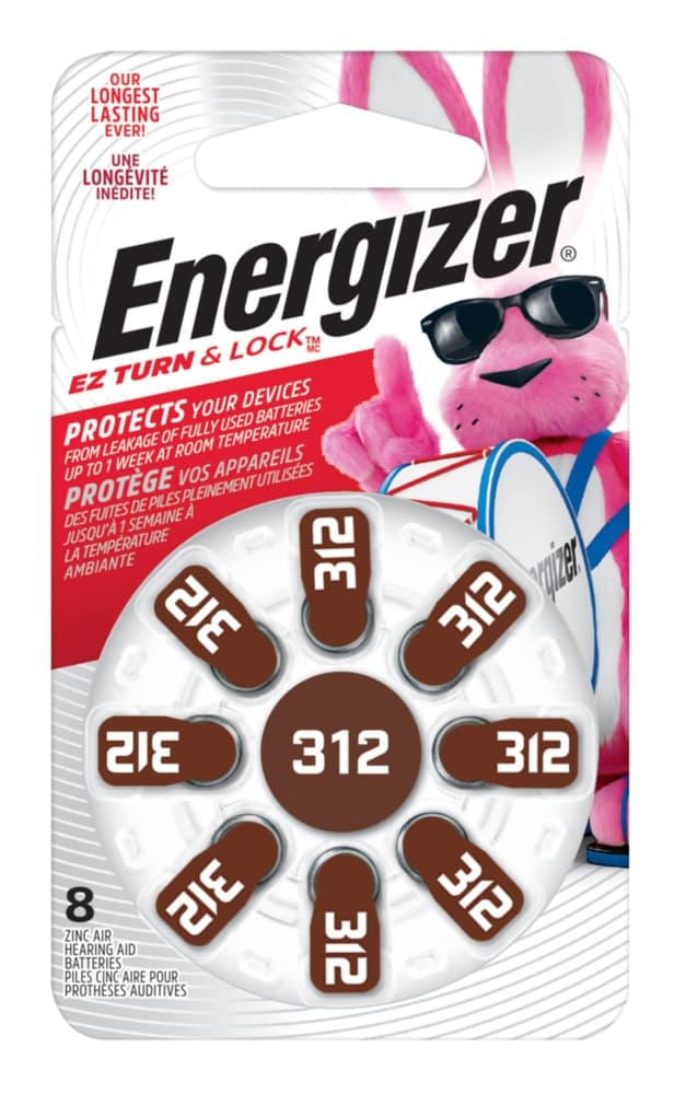 Energizer 8-pk 1.4V / 1.4 Volt Zinc Hearing Aid Batteries 312, EZ Turn Lock, Long Lasting