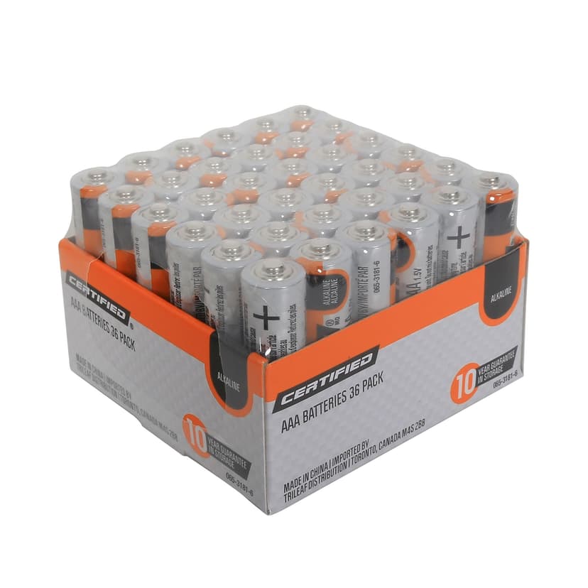 Certified AAA Alkaline Battery Set, All Purpose, Long Shelf Life, 36-pk