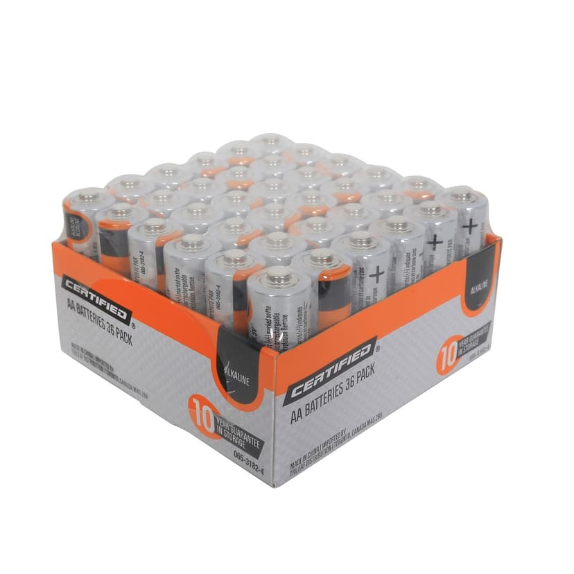 Certified AA Alkaline Battery Set, All Purpose, Long Shelf Life, 36-pk