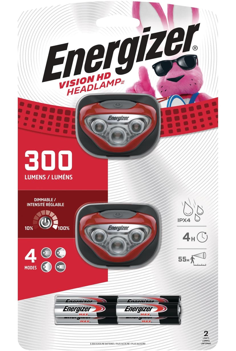 Energizer Vision HD 300 Lumens Washable LED Headlight/Headlamp, Batteries Included, 2-pk