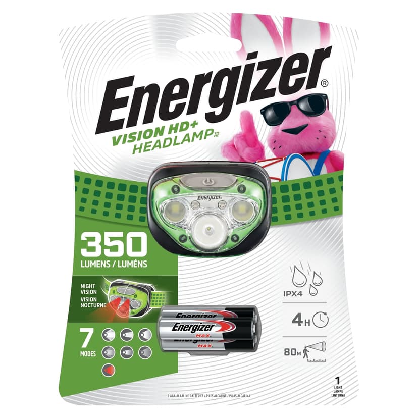 Energizer Vision HD+ 350 Lumens Adjustable and Waterproof LED Headlight/Headlamp, Batteries Included