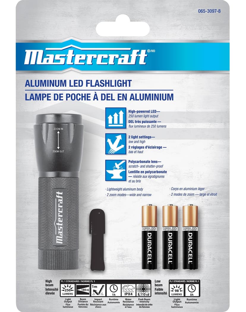 Mastercraft 250 Lumens Waterproof Aluminum LED Handheld Flashlight, Batteries Included, Black