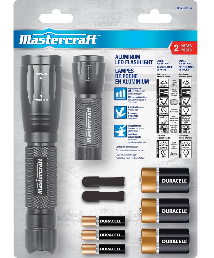 Mastercraft Aluminum LED Handheld Flashlights, 250/500 Lumens, Batteries Included, Black, 2-pk
