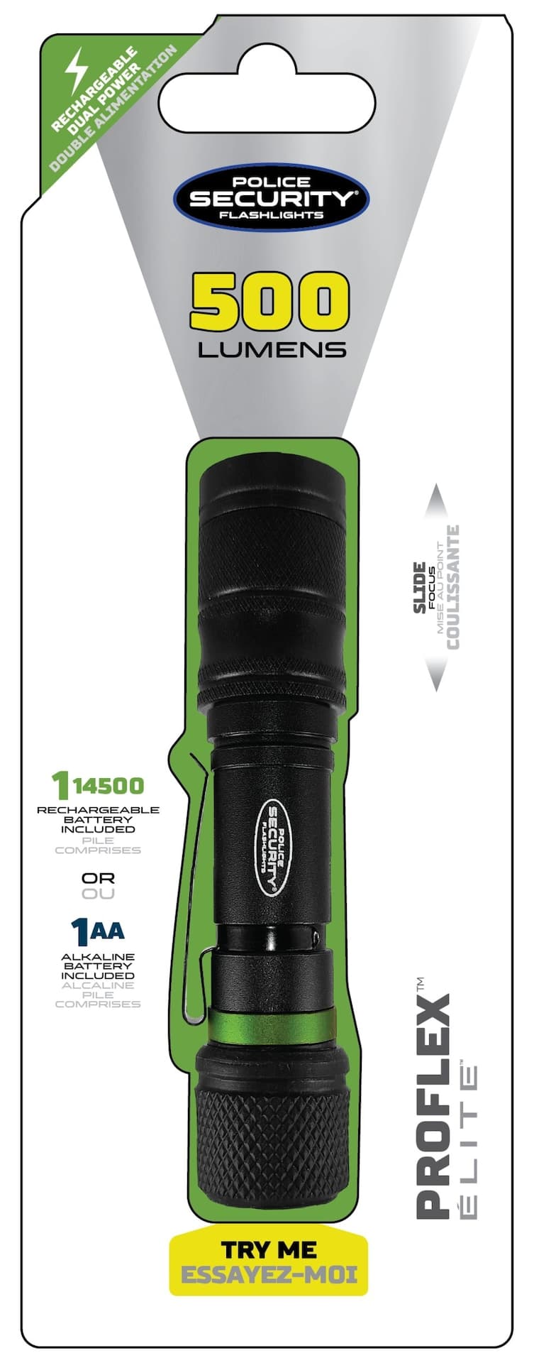 Police Security Pro-Flex™ Elite 500 Lumens Dual Power Slide Focusing Rechargeable Handheld Flashlight, Batteries Included, Black