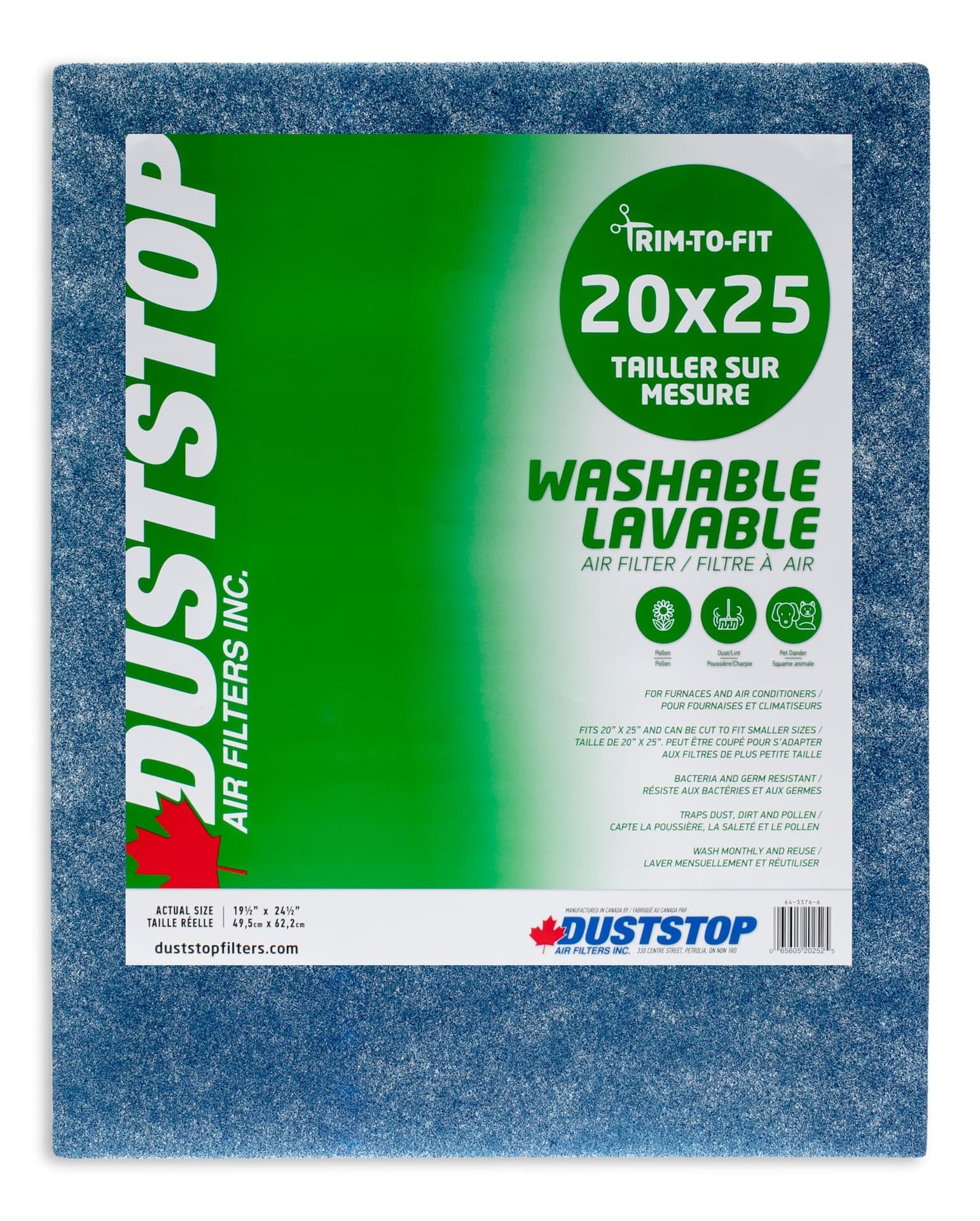 Duststop Trim to Fit Washable Furnace Air Filter, 20 x 25 x 3/4-in, 1-pk