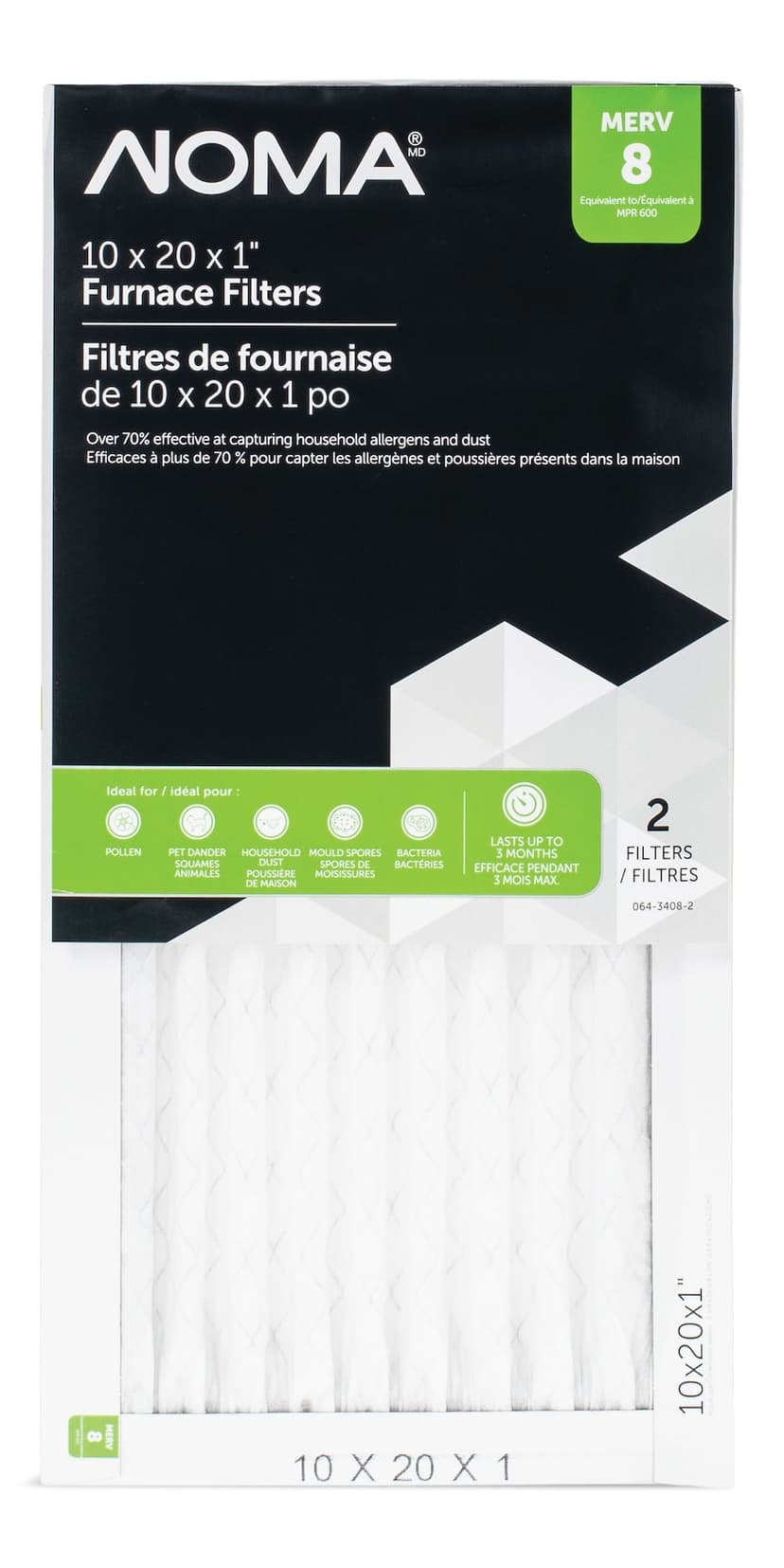 NOMA MERV 8 Filter, Furnace Air Filters, 10 x 20 x 1-in, 2-pk