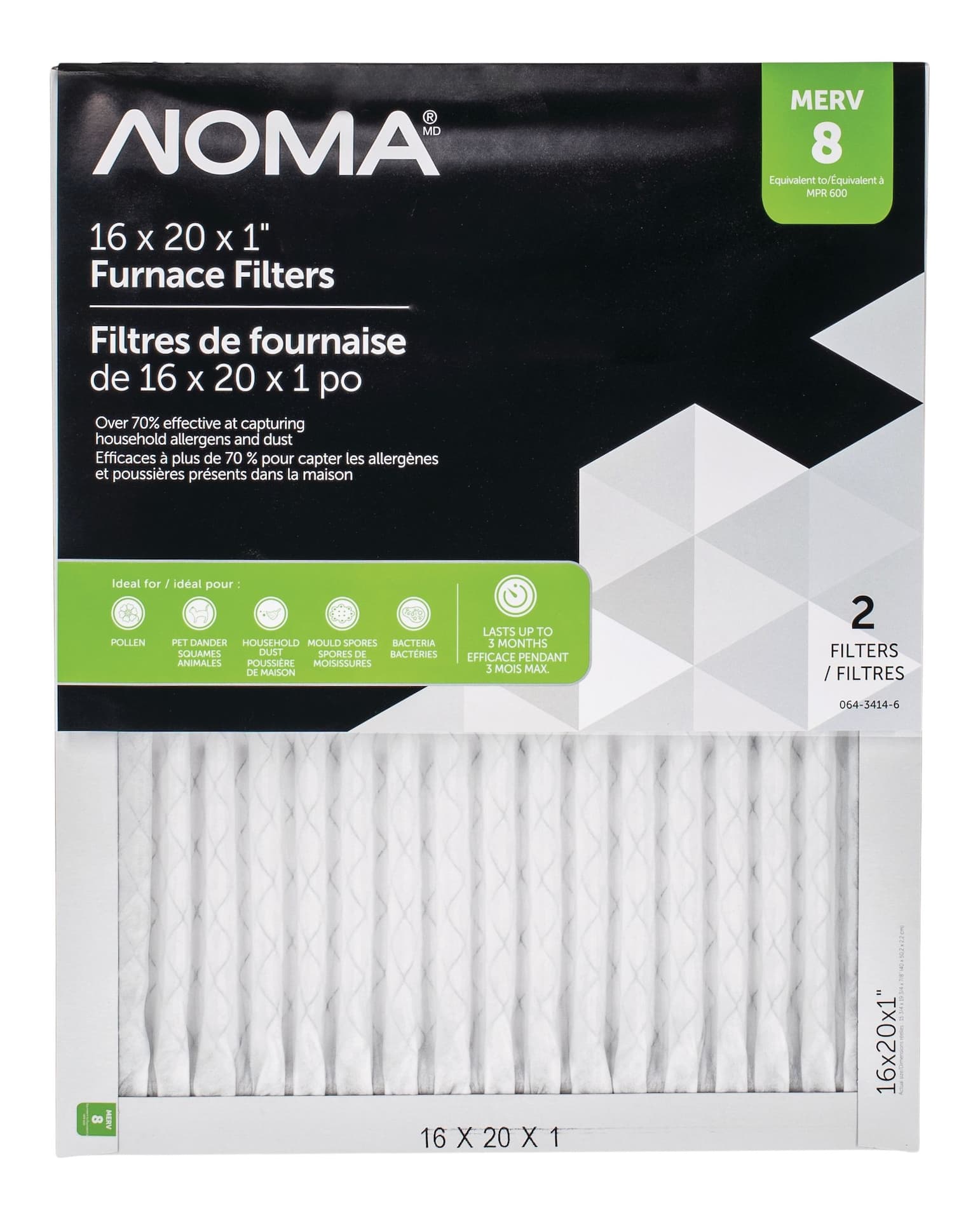 NOMA Electrostatic Furnace Air Filters, MERV 8, 16 x 20 x 1-in, 2-pk