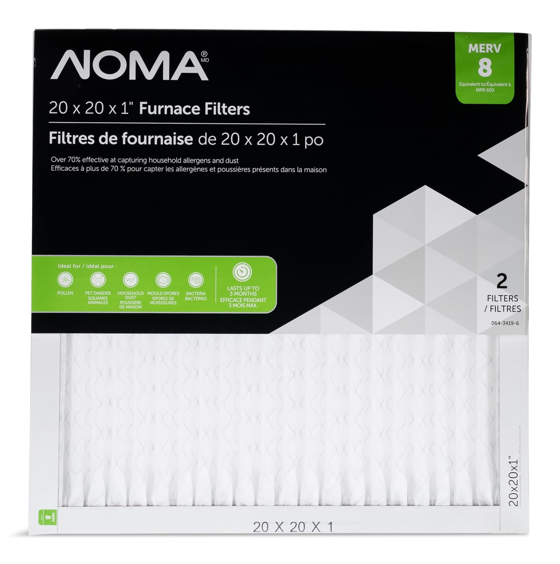 NOMA Electrostatic Furnace Air Filters, MERV 8, 20 x 20 x 1-in, 2-pk